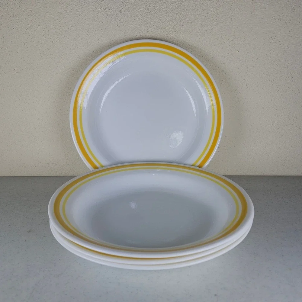 4 CORELLE CITRUS DUAL YELLOW STRIPES FLAT RIMMED SOUP BOWLS - Picture 1 of 2